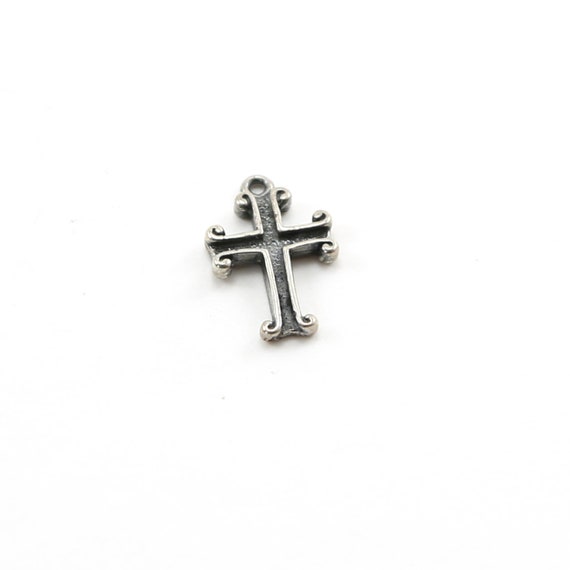 Sterling Silver Indented Curly Edged Cross Charm Religious Spiritual Catholic Pendant