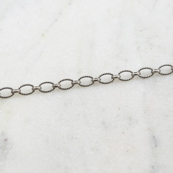 Dark Oxidized Sterling Silver Textured Oval Link Chain 4.75mm x 7.4mm / Sold by the Foot / Bulk Unfinished Chain