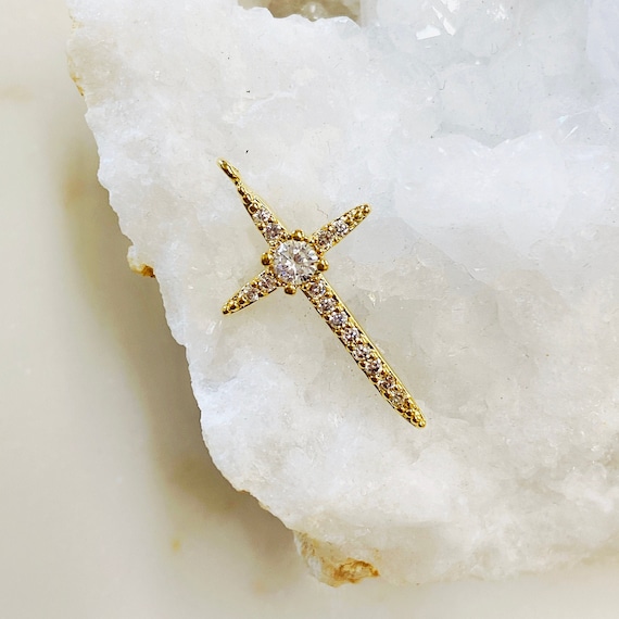 Long Cubic Zirconia Cross Charm, Gold Plated, Religious Charm Pendant, Skinny Cross Charm