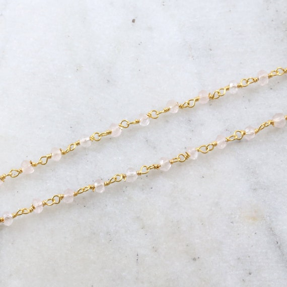 Dainty Vermeil Gold Rose Quartz Rosary Beaded Wire Wrapped Chain / Sold by the Foot / Bulk Unfinished Chain / Light Pink Gemstone Chain