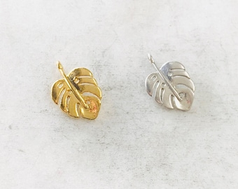 Small tropical monstera leaf plant charm sliding pendant vermeil or sterling silver leaf nature charm tiny leaf charm