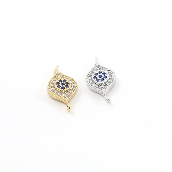 Unique Blue Flower Evil Eye Pave CZ Rhodium Plated Connector Charm in Gold or Silver