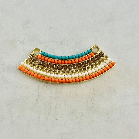 Unique Base Metal Colorful Crystal Beaded Tribal Bohemian Long Curved Bar Double Top Loop Connector Necklace Charm