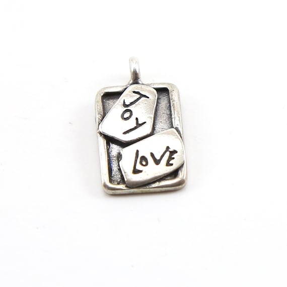 Sterling Silver Stamped Joy Love Rectangle Pendant Inspirational Word Sayings Charm Pendant