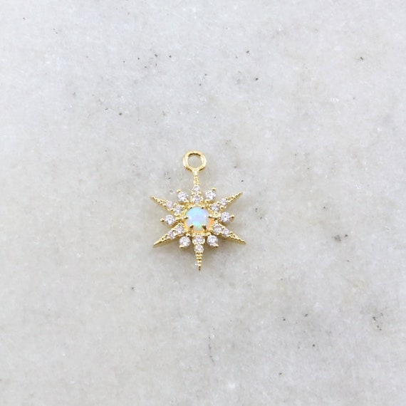 Gold CZ Opal 8 Point Star Cubic Zirconia Rhodium Plated Pave Charm Celestial Unique Charm