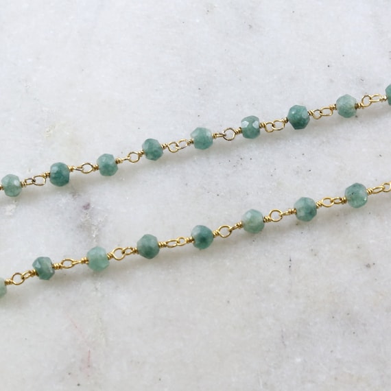 Dainty Vermeil Gold Emerald Beaded Wire Wrapped Chain / Sold by the Foot / Bulk Unfinished Chain / Green Gemstone Chain May Birthstone