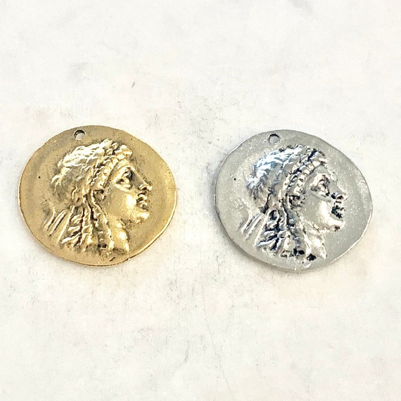 Large Ancient Greek Coin Symbol Double Sided Symbolic Branch with Leaves Charm Pendant Pewter Antique Gold or Antique Silver