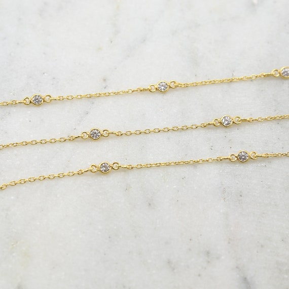 Tiny Circle Round CZ Cubic Zirconia Stone Link Chain in Gold Plated Sterling Silver Vermeil / Bulk Unfinished Chain Sold by the Foot