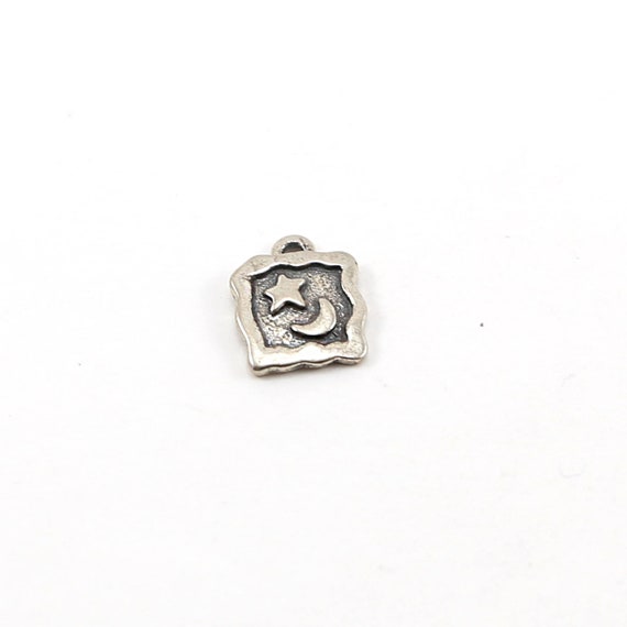 Starry Night Square Picture Charm with Crescent Moon and Star Celestial Pendant in Sterling Silver