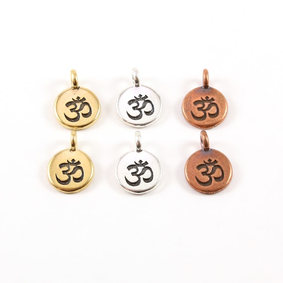 2 Pieces Om Ohm Stamped Embossed Coin with Bail Pewter Base Metal Charm Pendant Religious Spiritual Buddhist, Gold, Silver, Copper