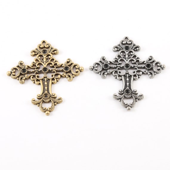 Extra Large Cross for Pointed Crystals Inlay Pendant Pewter Religious Spiritual Catholic Charm 53mm x 49mm Antique Gold, Antique Silver