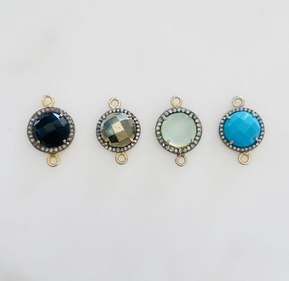 Round Gemstone with Diamond Faceted Bezel Connector Charm Vermeil Gold Choose your Gemstone Permanent Jewelry