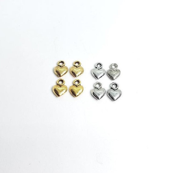 4 Pewter Tiny Puffy Heart Charms with Loop, Love ,Friendship, Small Pendant, Tiny Heart Charm, Antique Gold, Antique Silver