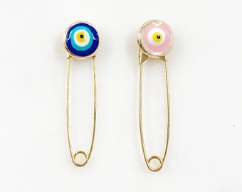 Evil eye safety pin choose your color pink or blue gold plated safety pin jewelry making arts and crafts