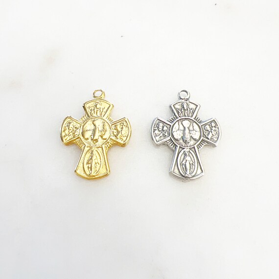 Sterling Silver or Vermeil Gold 4-Way Scapular Medal Cross Charm Pendant Religious Spiritual Catholic Pendant