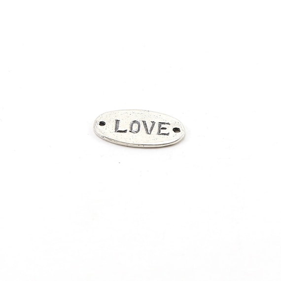 Sterling Silver Love Stamped Rounded Oval Connector Charm Inspiration Pendant Dog Tag