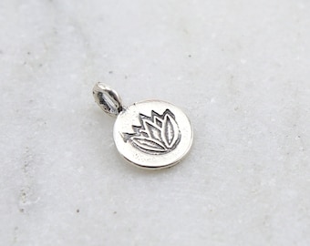 Sterling Silver Stamped Lotus on Teeny Tiny Round Circle Disk Charm Nature Yoga Buddha Healing Pendant New Beginnings