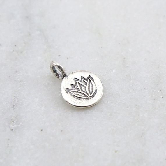 Sterling Silver Stamped Lotus on Teeny Tiny Round Circle Disk Charm Nature Yoga Buddha Healing Pendant New Beginnings