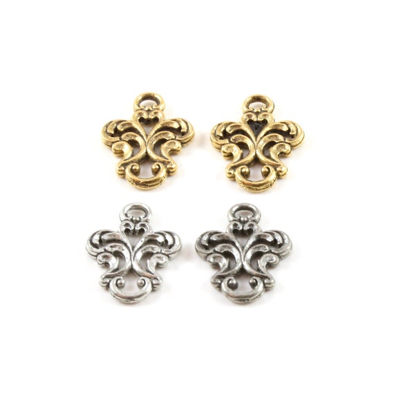 2 Pieces Fancy Fleur De Lis 2 Loop Connector Charm Earring Component Pewter Necklace Charm 12mm x 20mm Antique Gold or Antique Silver