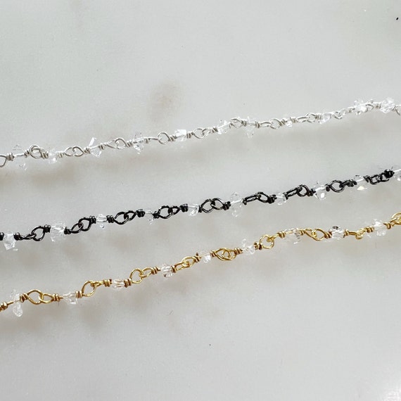 Dainty Wire Wrapped Chain with Natural Diamond Quartz Chips in Gold Vermeil, Sterling Silver, or Oxidized Silver - Sold by the Foot