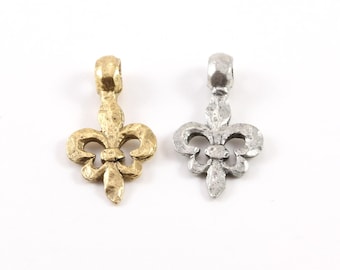 Thick fleur de lis hammered textured design pendant pewter necklace charm 16mm x 30mm in antique gold or antique silver