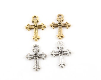 2 Piezas Peltre Base Metal Mini Diminuto Pequeño Fleur De Lis Cross Charm Colgante Religioso Espiritual Católico Cristianismo Collar Charm