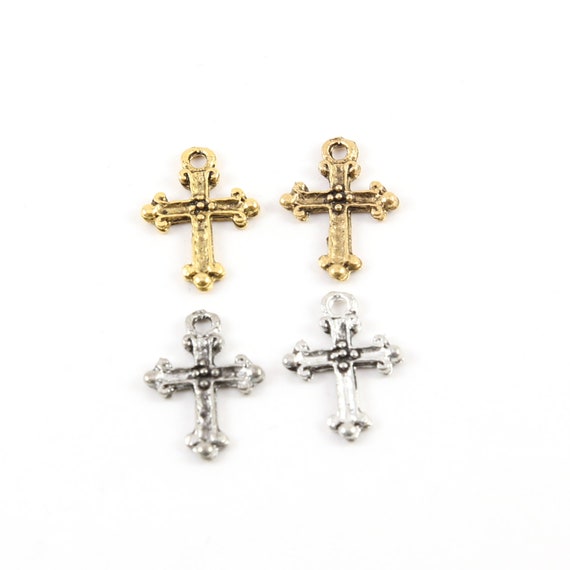 2 Pieces Pewter Base Metal Mini Tiny Small Fleur De Lis Cross Charm Pendant Religious Spiritual Catholic Christianity Necklace Charm