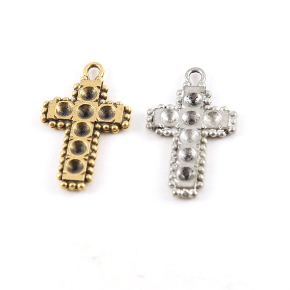 Cross for Crystals Inlay Pendant Pewter Religious Spiritual Catholic Necklace Charm 34mm x 20mm in Antique Gold or Antique Silver