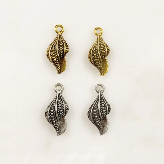 2 Piece Textured Sea Shell Charm Pewter Base Metal Beach Charm Choose Your Color Antique Gold or Antique Silver