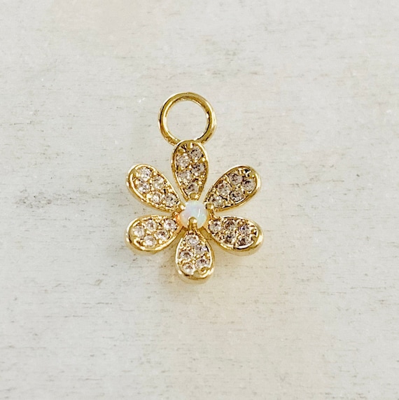 Dainty Cute Daisy Flower Opal Cubic Zirconia Gold Plated Pave CZ Charm Pendant Nature Charm