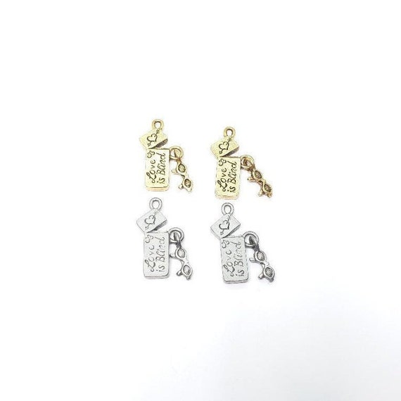 2 Pieces Pewter "Love is Blind" Charm with Dangle Glasses, Love ,Friendship, Small Pendant, Antique Gold, Antique Silver