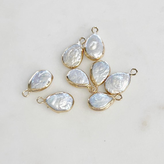 Gold Plated Rim Small Freshwater Pearl Charm Pendant Tear Drop Pearl Charm