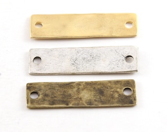 Pewter metal hammered 36mm x 10mm stamping blank double hole rectangle horizontal connector bar silver, gold, antique brass