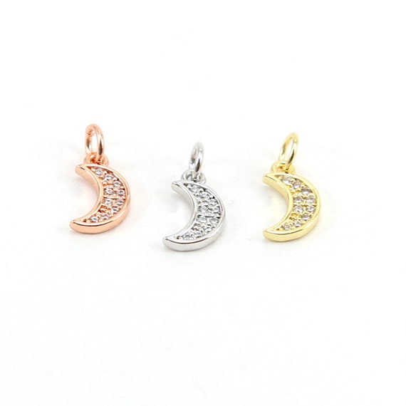 Small CZ Crescent Moon Cubic Zirconia Rhodium Plated Pave Charm in Rose Gold, and Gold Celestial Unique Charm