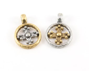 Unique pewter base metal silver and gold medieval cross coin ring charm pendant religious spiritual catholic christianity necklace charm