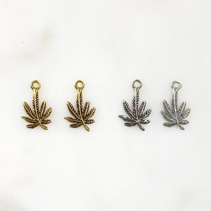 2 Piece Small Marijuana Leaf Charm Choose Your Color Antique Gold or Silver Pewter Unique Pot Charm