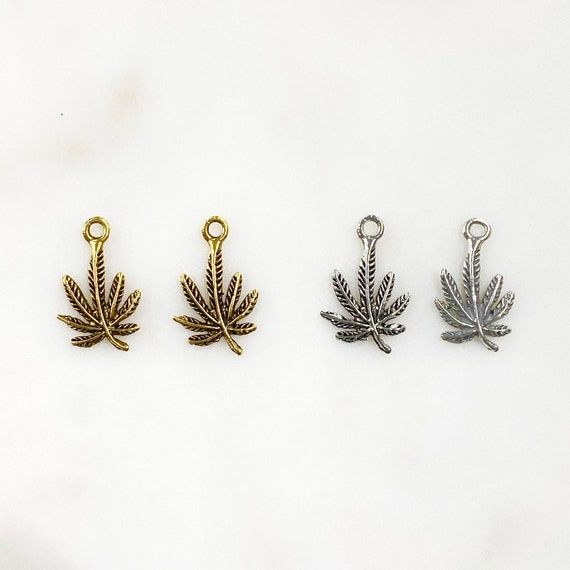 2 Piece Small Marijuana Leaf Charm Choose Your Color Antique Gold or Silver Pewter Unique Pot Charm