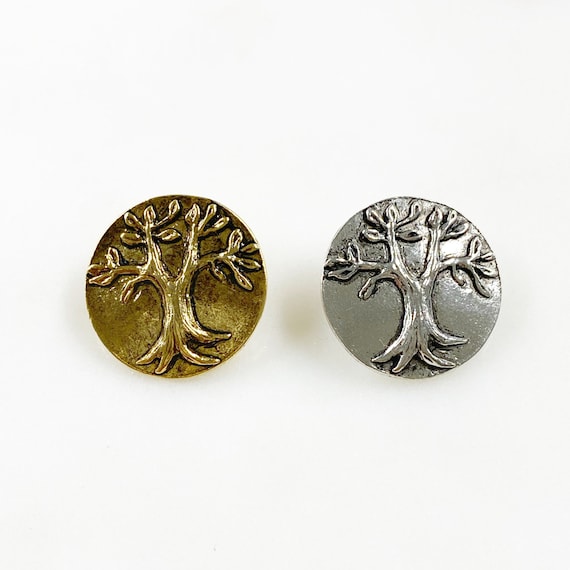 1 Piece Pewter Round Tree Button Choose Your Color Antique Gold or Antique Silver Detailed Tree Button