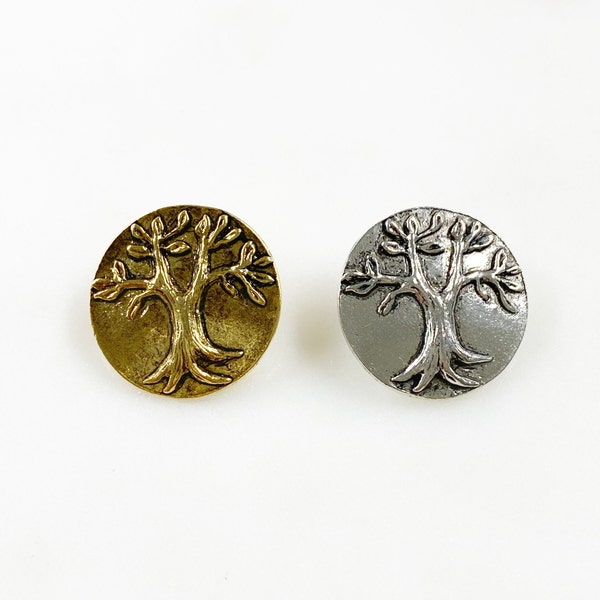 1 Piece Pewter Round Tree Button Choose Your Color Antique Gold or Antique Silver Detailed Tree Button