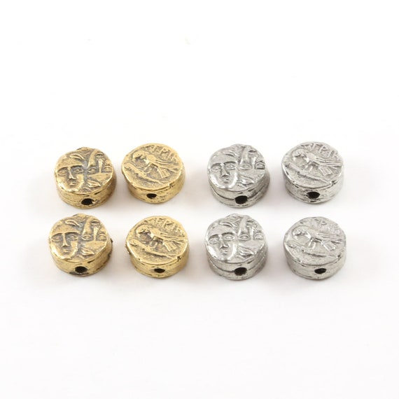 4 Pieces Tiny Small Ancient Greek Coin Symbol Double Sided Bead Charm Pendant Pewter Antique Gold or Antique Silver