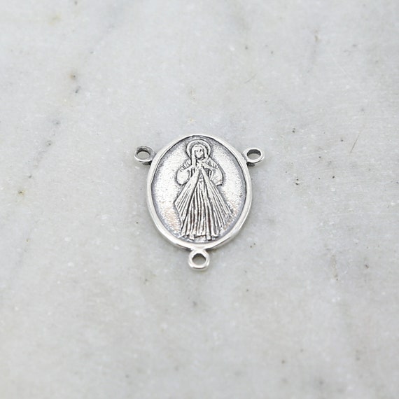 Sterling Silver Catholic Mother Mary Pray for Us 3 Way Y Link Connector Rosary Prayer Pendant Charm Double Sided Charm