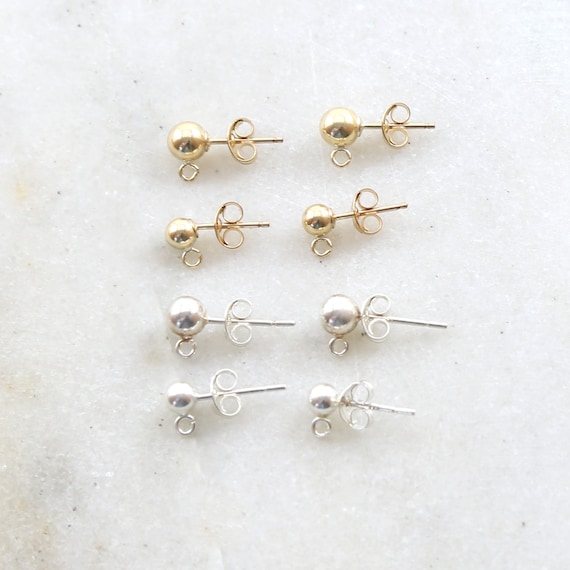 1 Pair Dainty Simple 4mm or 5mm Ball Posts with Loop and Earring Backing Earring Component in Sterling Silver or 14K Gold Filled