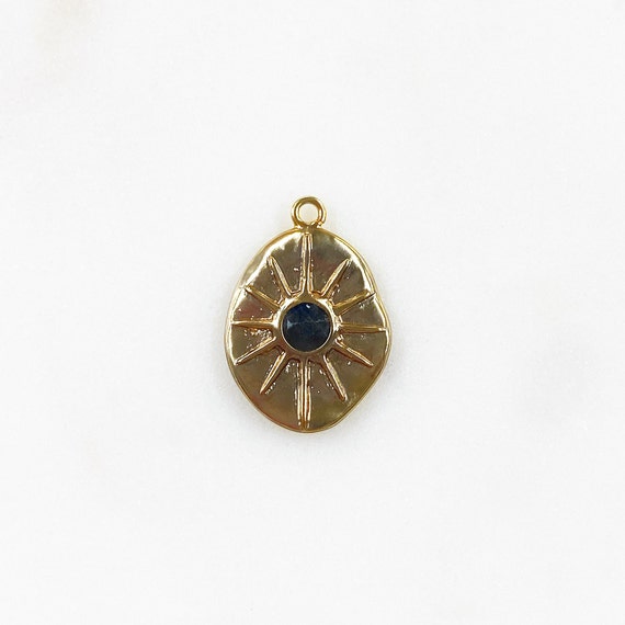 12 Point Hammered Charm 16k Matte Gold Plated with Black Labradorite Center Stone