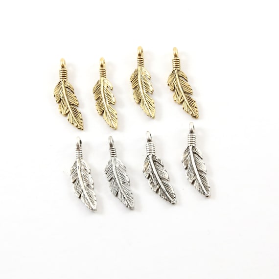 4 Pieces Dainty Pewter Modern Feather Charm Jewelry Making Supplies Necklace Pendant Antique Gold, Antique Silver