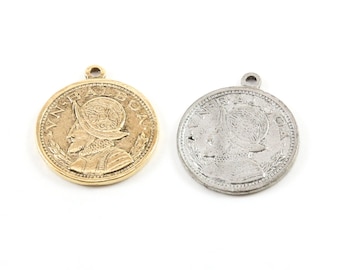 Detaillierter Anhänger mit VN-Balboa-Münze, einem spanischen Panama-Entdecker, doppelseitig, rund, 25 mm x 22 mm, in Antikgold und Antiksilber.