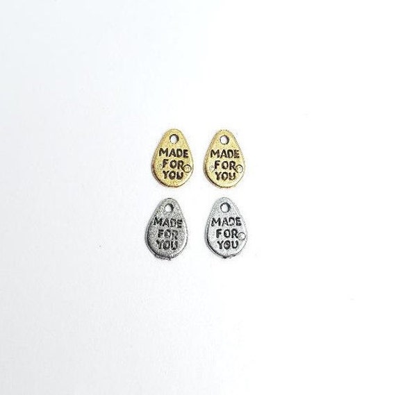 2 Pieces Pewter Tear Drop Shape Made With Love Stamped Word Charm Inspiration Pendant Antique Gold, Antique Silver