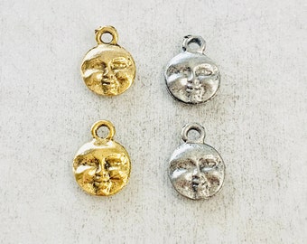 2 Pieces Pewter Base Metal Small Round  Detailed Full Moon Face Charm Double  Sided Celestial  Charm Pendant Antique Gold, Antique Silver