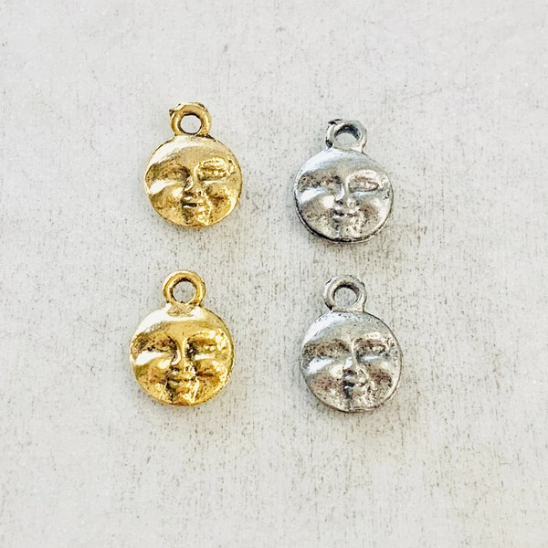 2 Pieces Pewter Base Metal Small Round  Detailed Full Moon Face Charm Double  Sided Celestial  Charm Pendant Antique Gold, Antique Silver