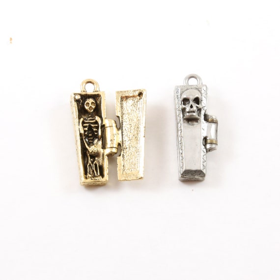 Thick Pewter Skeleton in Coffin Charm Pendant Halloween Skeletons Day of the Dead Charm in Antique Gold, Antique Silver