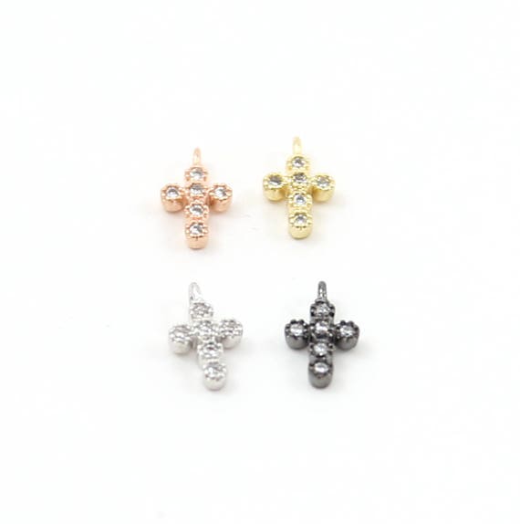 Teeny Tiny 10mm CZ Cross Religious Charm Rhodium Plated in Gold, Silver, Rose Gold, Gunmetal